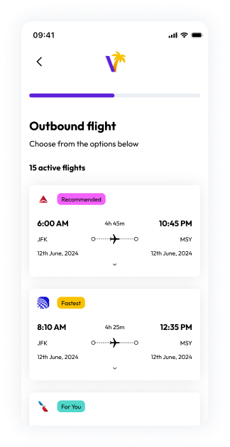 Vacayi screen demonstrating tailored flights for ultimate comfort